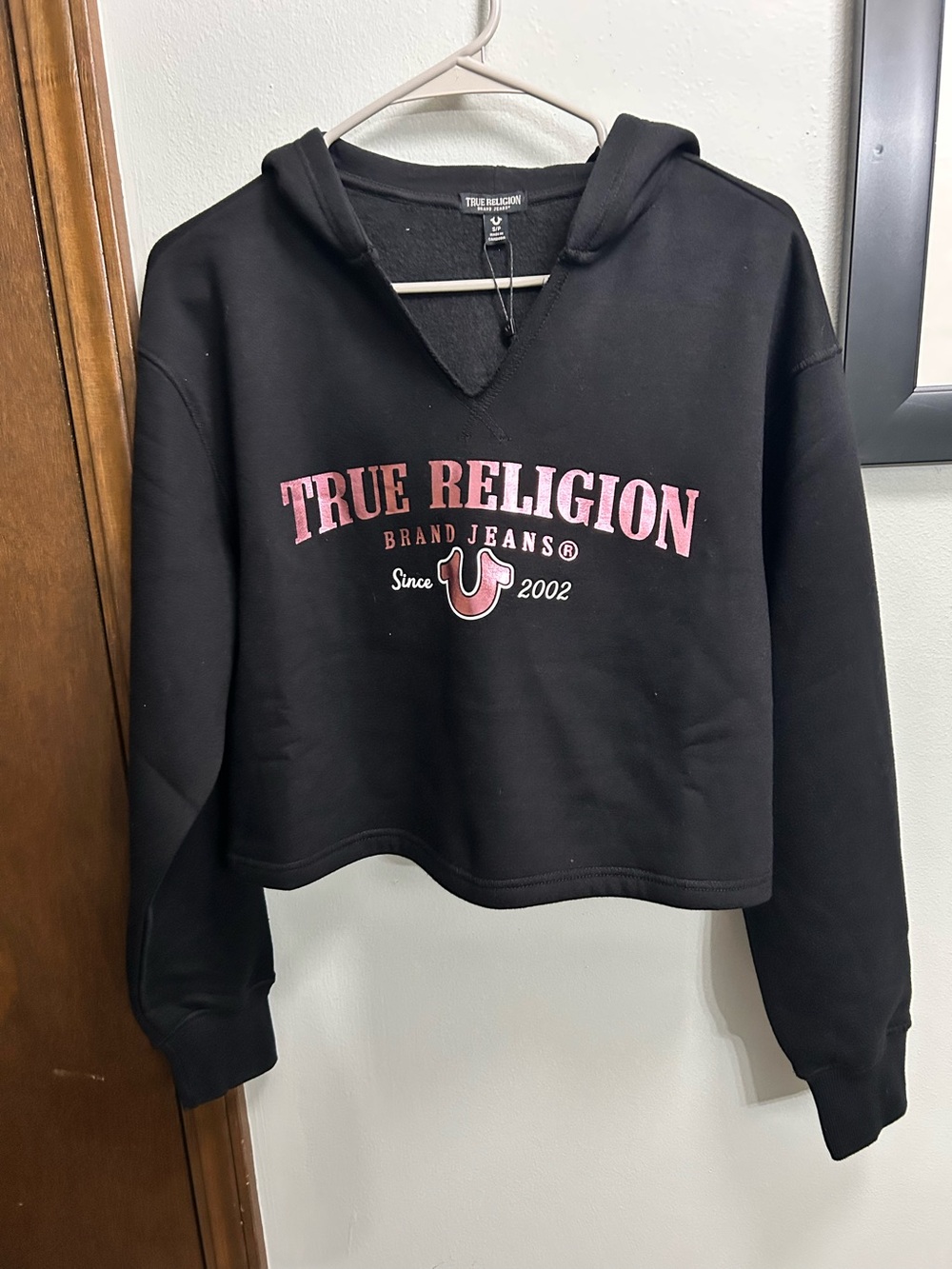 True Religion Black Cropped Hoodie with Pink Logo Text woman’s size S